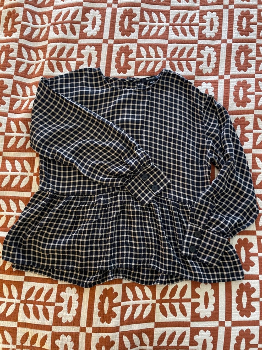 Madewell Black & Cream Check Flannel Peplum Blouse